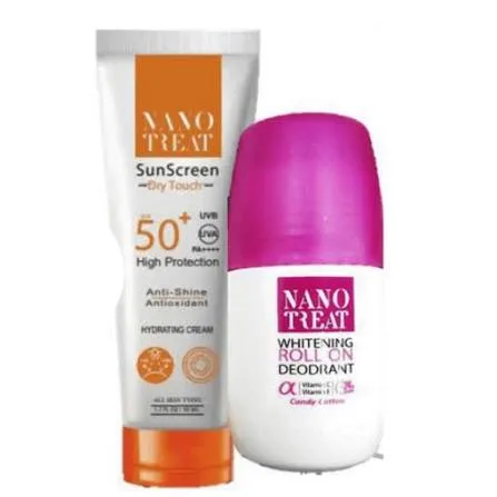 Nano Treat Hello Summer Water-Resistant مرطب ومغذي Anti-Shine واقي شمس SPF50+ (50 مل) & 5in1 48H تفتيح رول أون مزيل عرق Rose Vanilla Scent (50 مل)