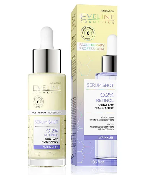 Eveline Cosmetics 0.2% ريتينول تفتيح ونضارة & Anti-Wrinkle Face ليلي سيروم Shot with Squalane Niacinamide - vegan cruelty free